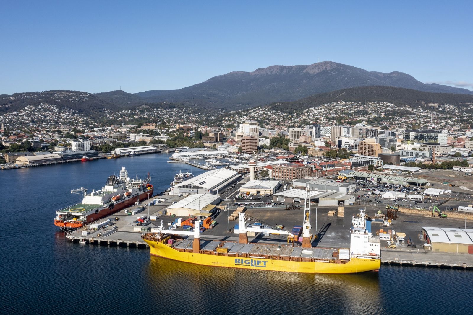 Aerial shot of Hobart port with city in background