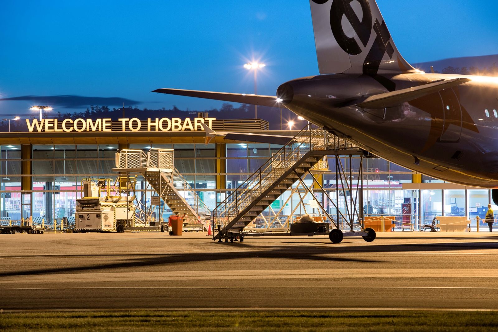Shot of “welcome to Hobart” sign at Hobart Airport